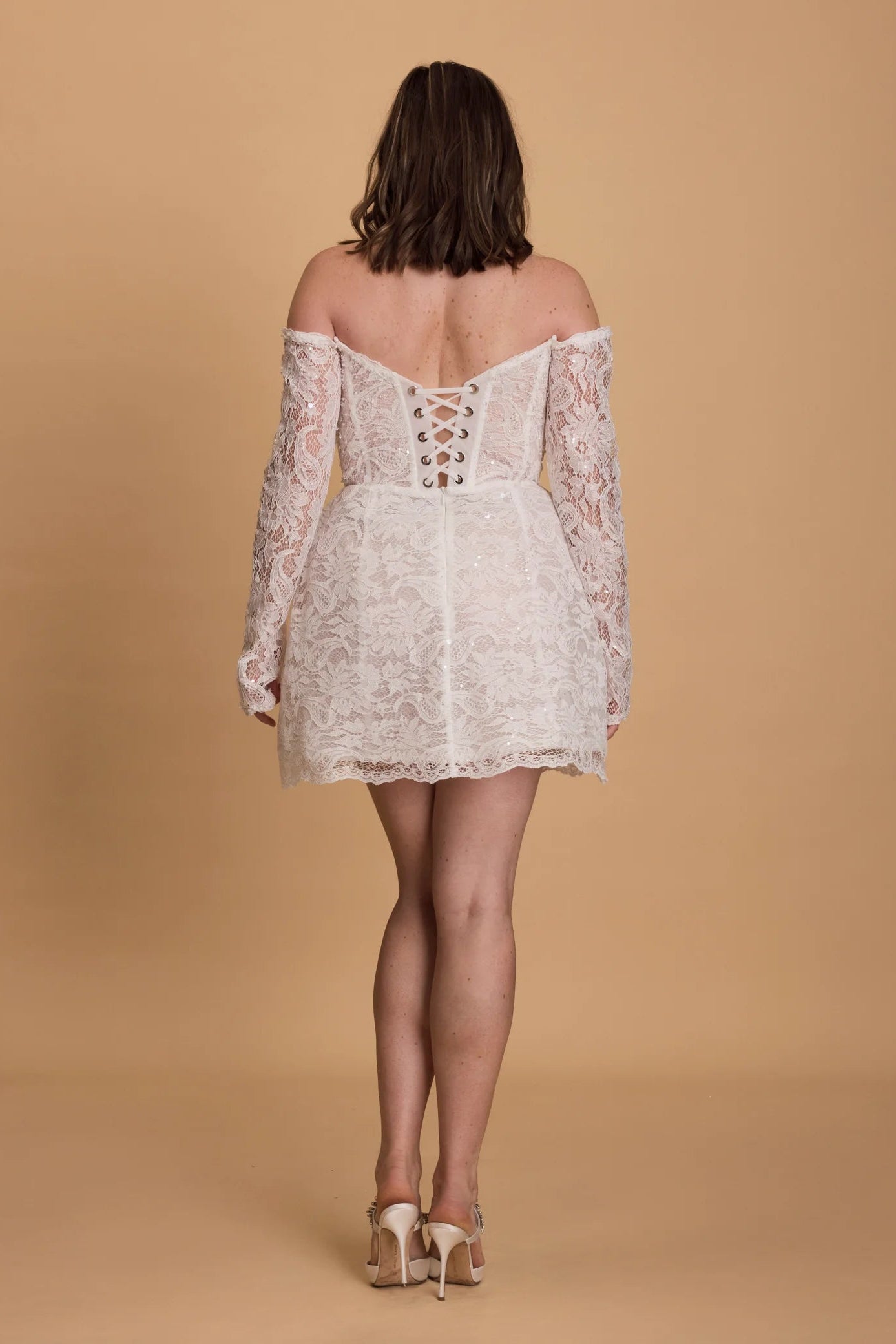 Rosie Etienne Anna dress, white mini dress, long sleeved lace and sequin dress, hen party dress, engagement dress, second look dress