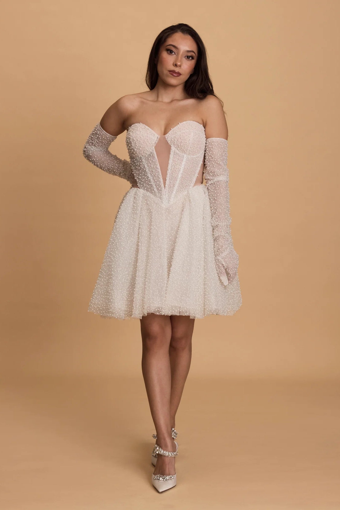Rosie Etienne Faith Dress, white beaded, corset off shoulder dress with detachable sleeves, hen party dress, engagement party dress, second look dress, bridal