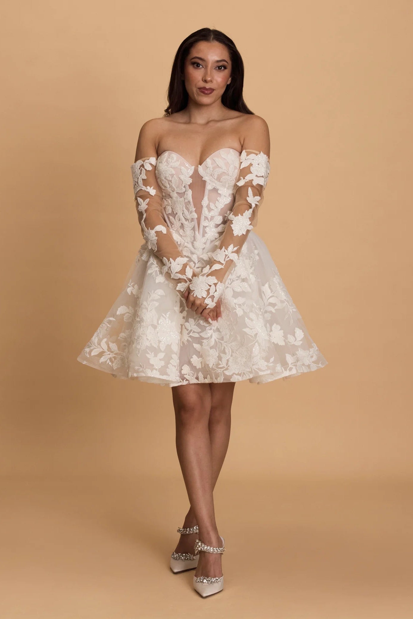 Rosie Etienne Mara white  floral corset mini dress, second look dress, strapless, gloves