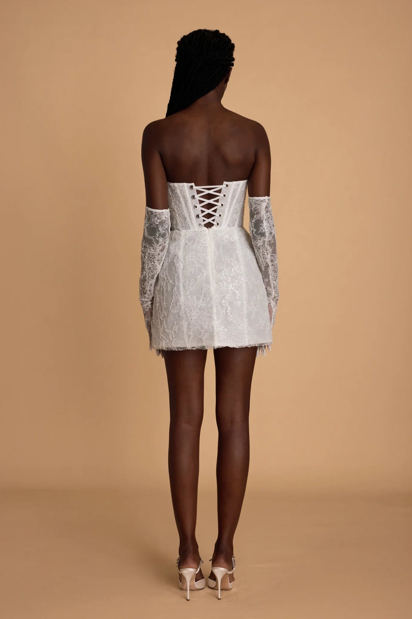 Rosie etienne eva strapless white corset lace mini dress lace gloves second look dress