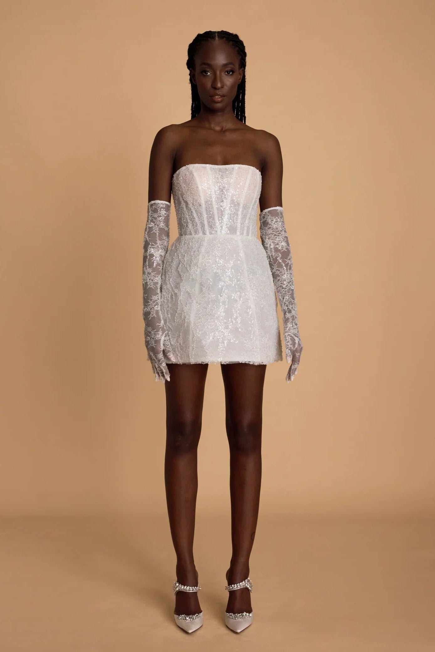 Rosie etienne eva strapless white corset lace mini dress lace gloves second look dress