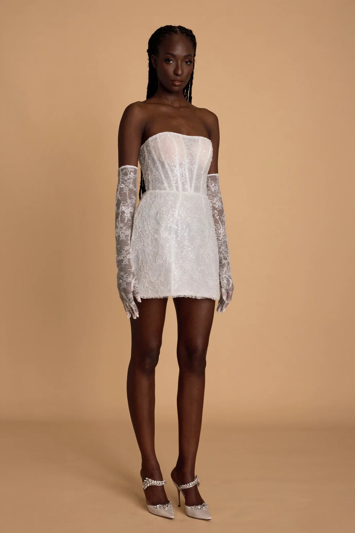 Rosie etienne eva strapless white corset lace mini dress lace gloves second look dress