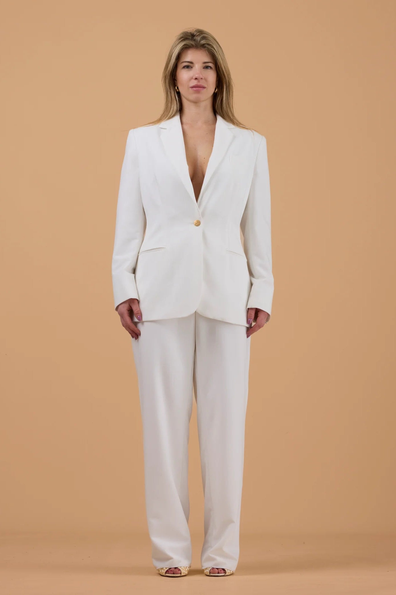 Sarah Seven Beatrice crepe white suit, jacket and trousers. Civil ceremony look, engagement party, rental, bridal, wedding