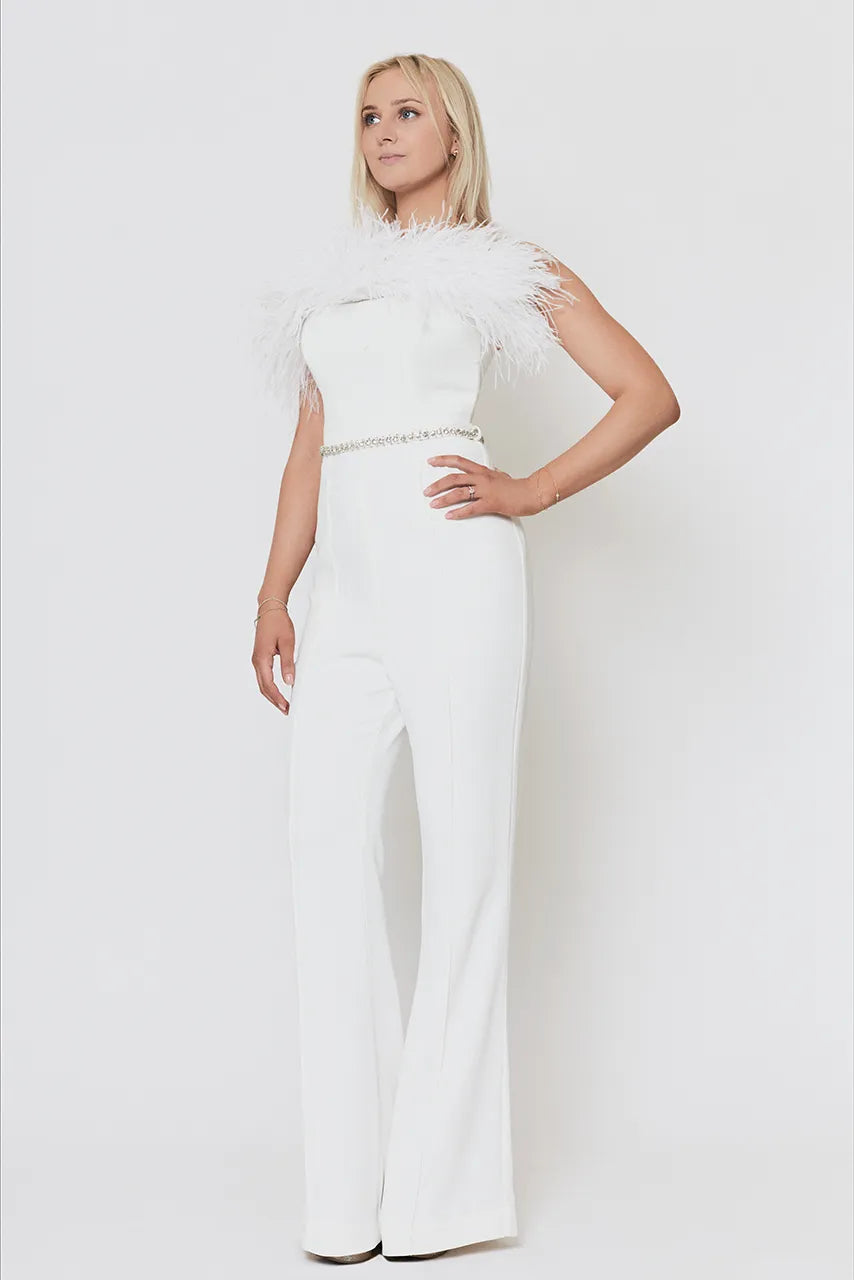 Self Portrait Feather White Jumpsuit Engagement Hen Wedding Bride