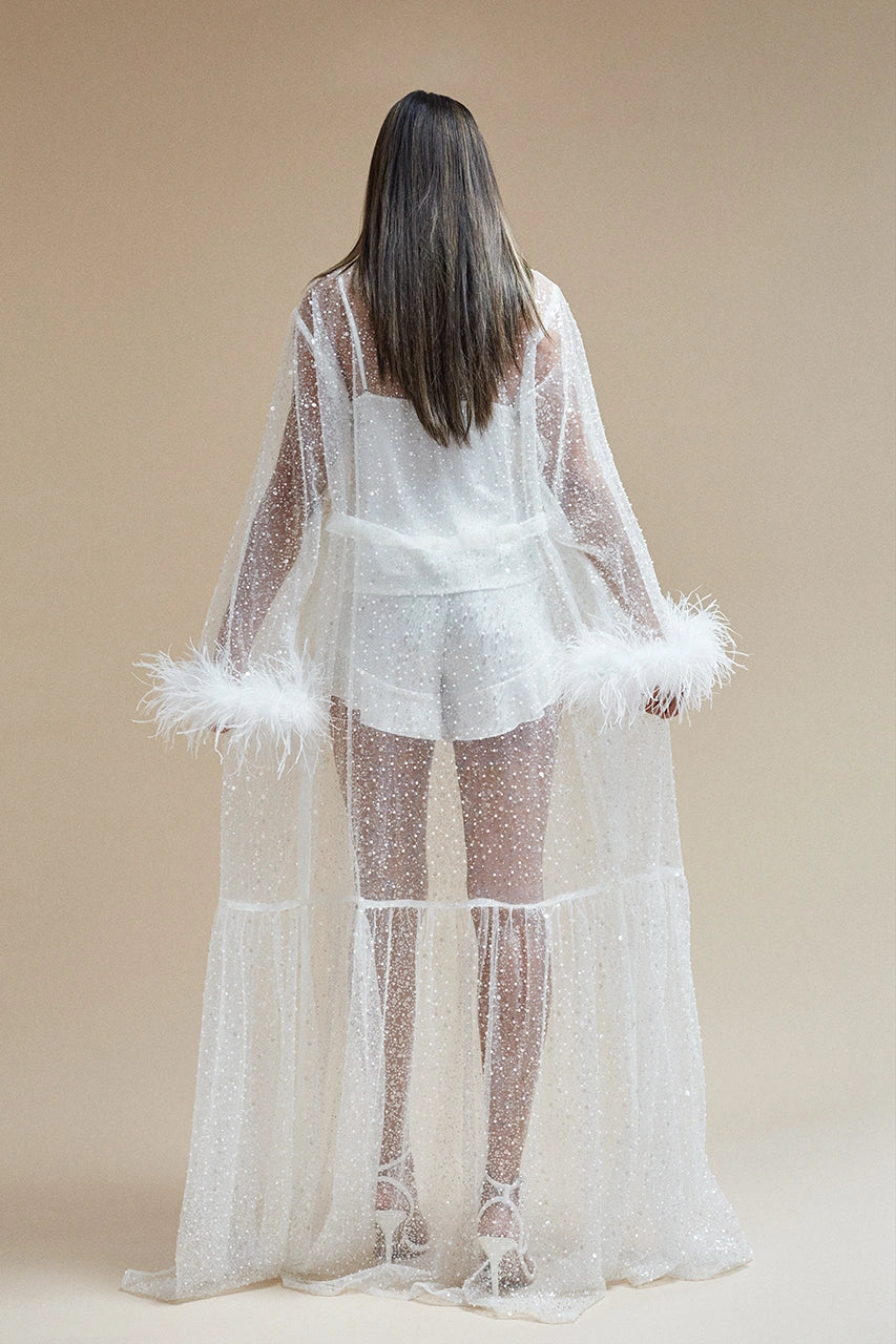 Sheer Robe with Sequins, Beads, and Feathered Sleeves Bridal Hen Wedding