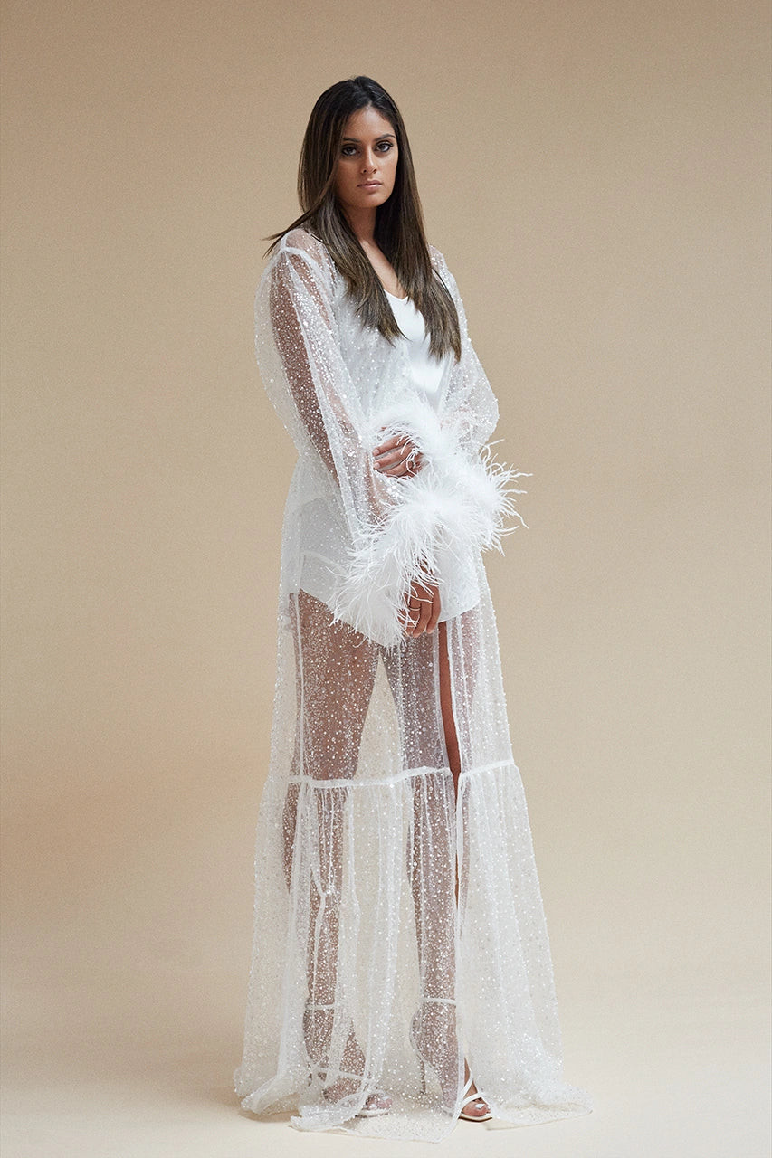 Sheer Robe with Sequins, Beads, and Feathered Sleeves Bridal Hen Wedding