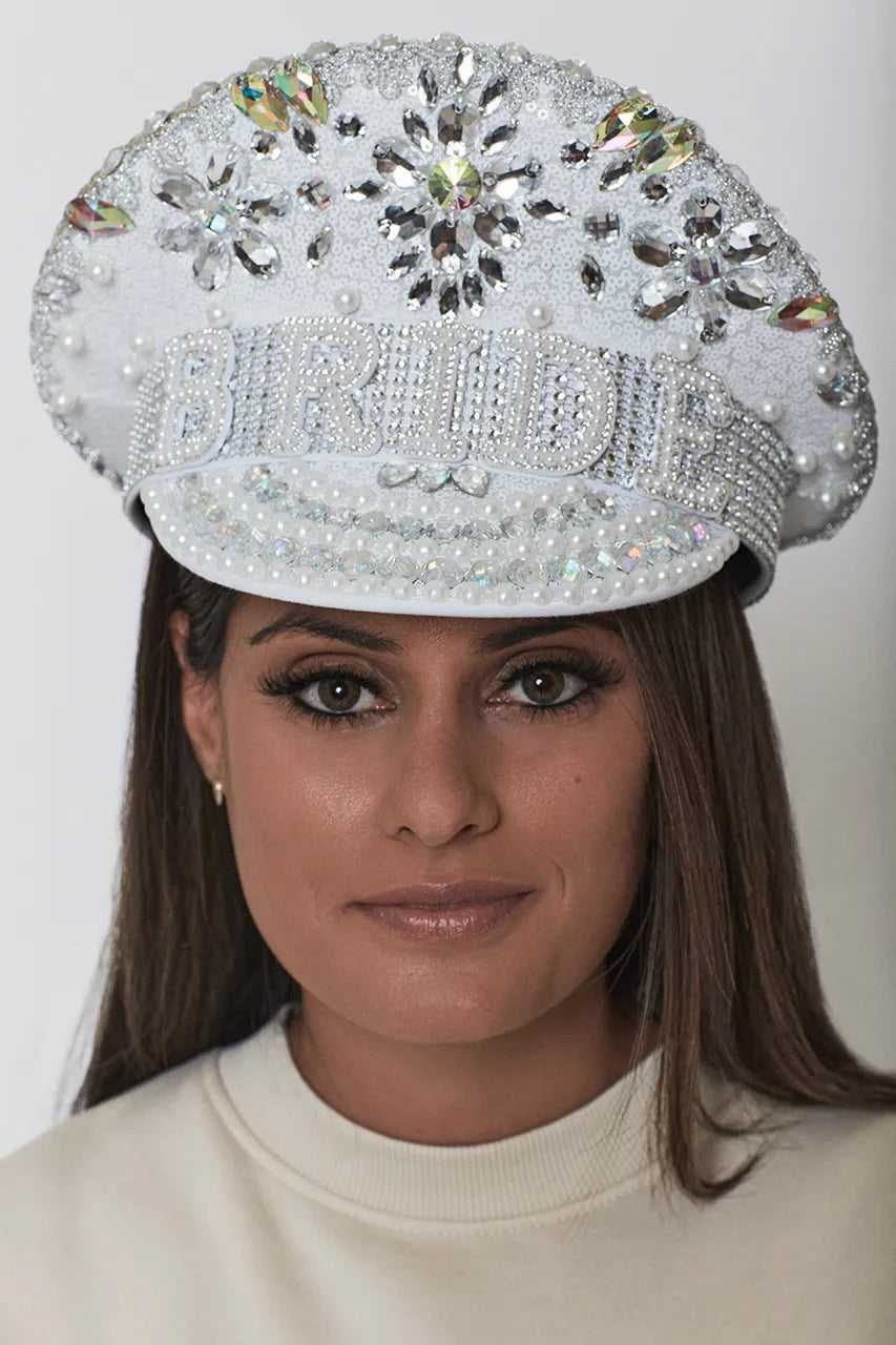 White and Silver Sequin Crystal Pearl Bride Hat Hen Wedding