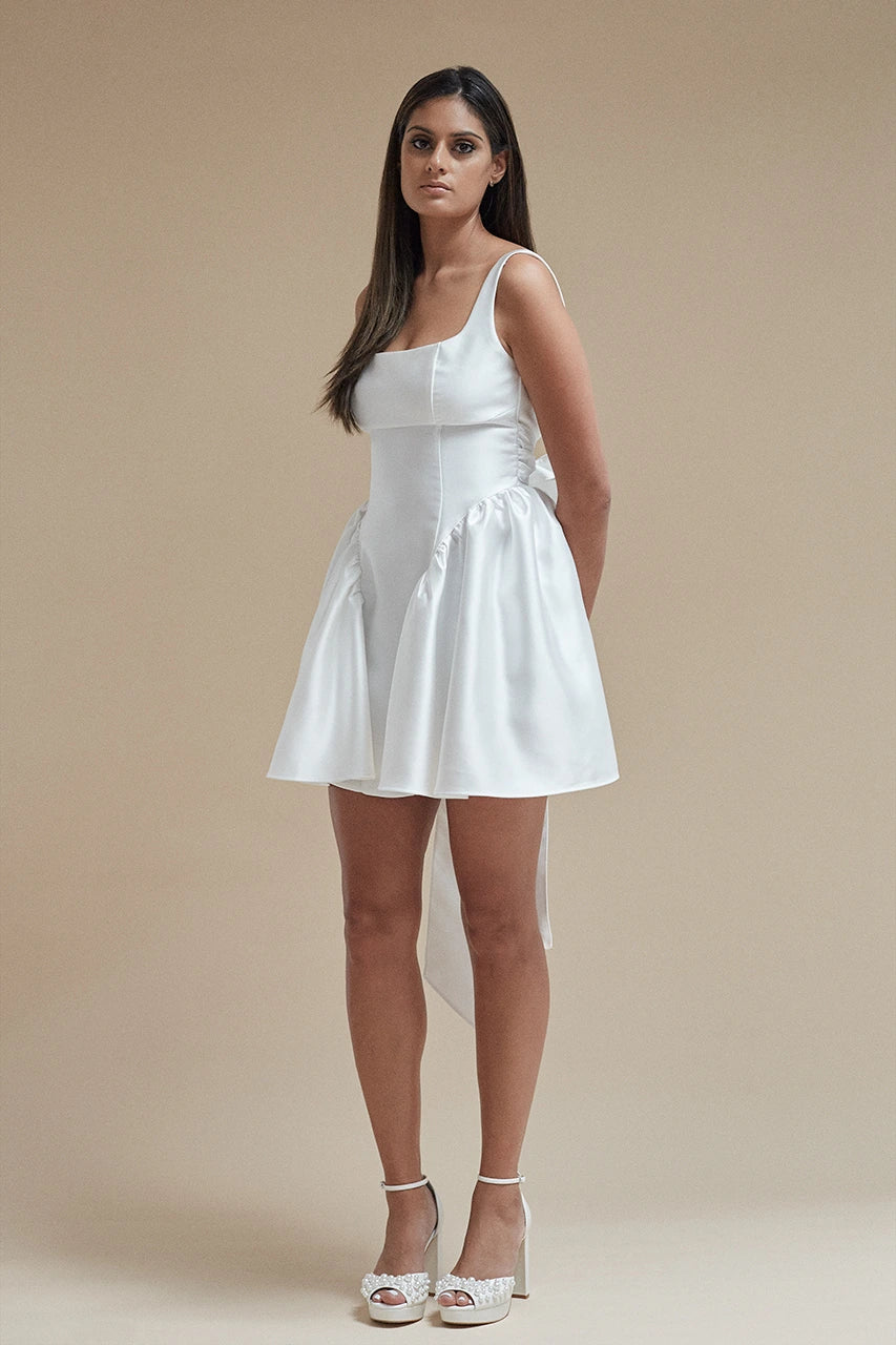 Six Stories Charlotte Satin Bow Mini Dress White Hen Engagement Bridal