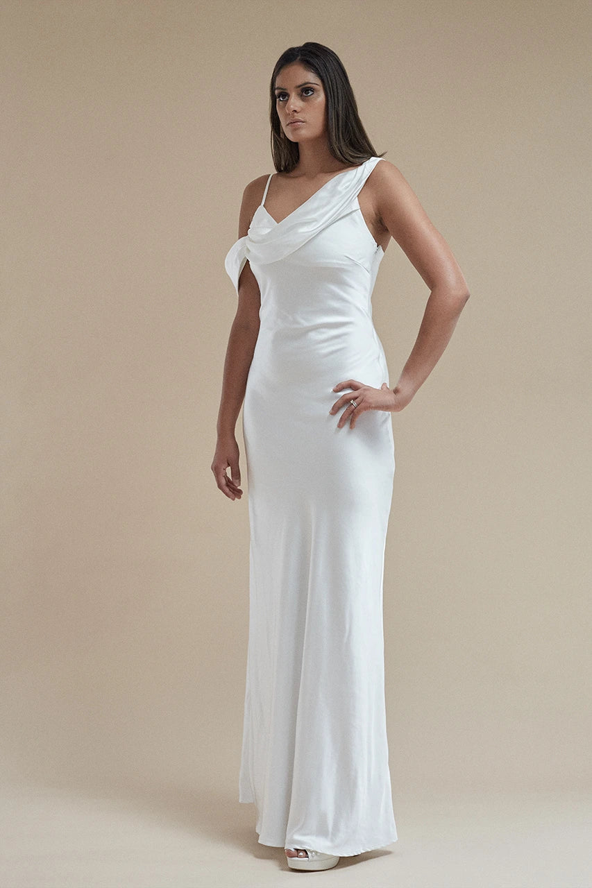 Six Stories Maddie Asymmetrical Bardot Maxi Dress White Hen Engagement Wedding Bridal
