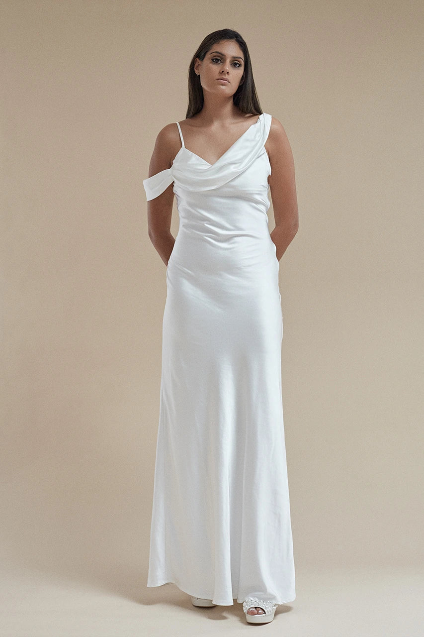 Six Stories Maddie Asymmetrical Bardot Maxi Dress White Hen Engagement Wedding Bridal