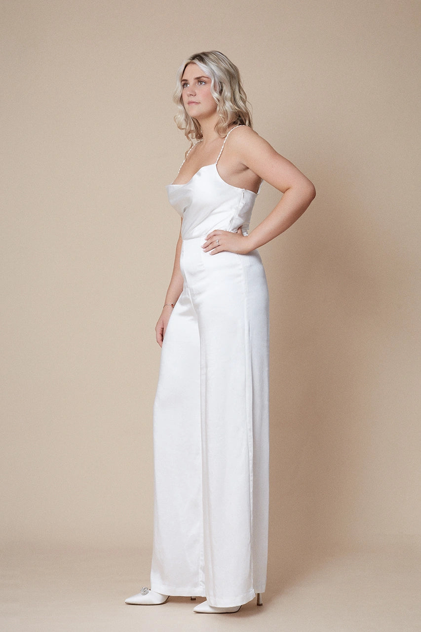 Six Stories White Jumpsuit with Pearl Straps Hen Engagement Bridal