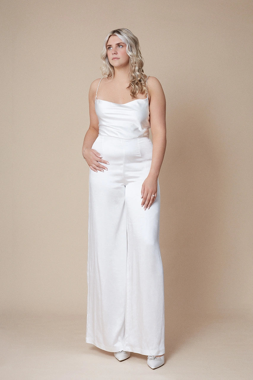 Six Stories White Jumpsuit with Pearl Straps Hen Engagement Bridal