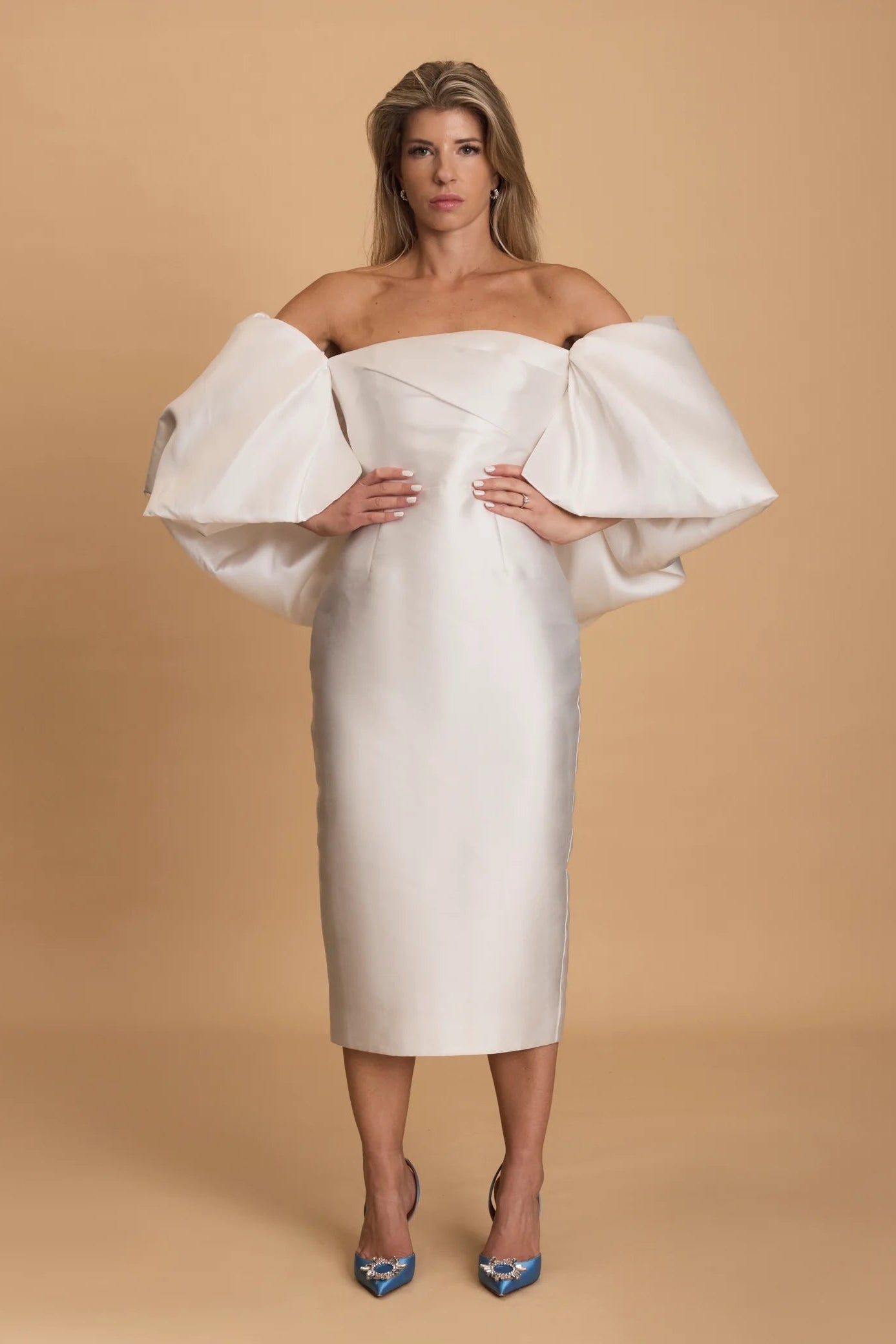 Solace Marcia Midi Dress white, thick satin, big sleeves, engagement party dress, civil ceremony dress