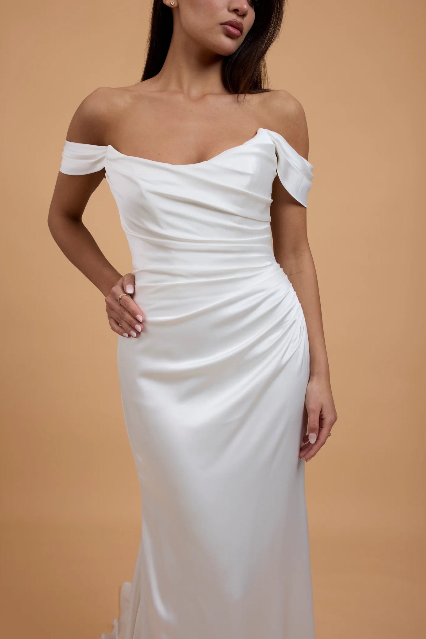Suzanne Neville Degas draped ivory wedding gown