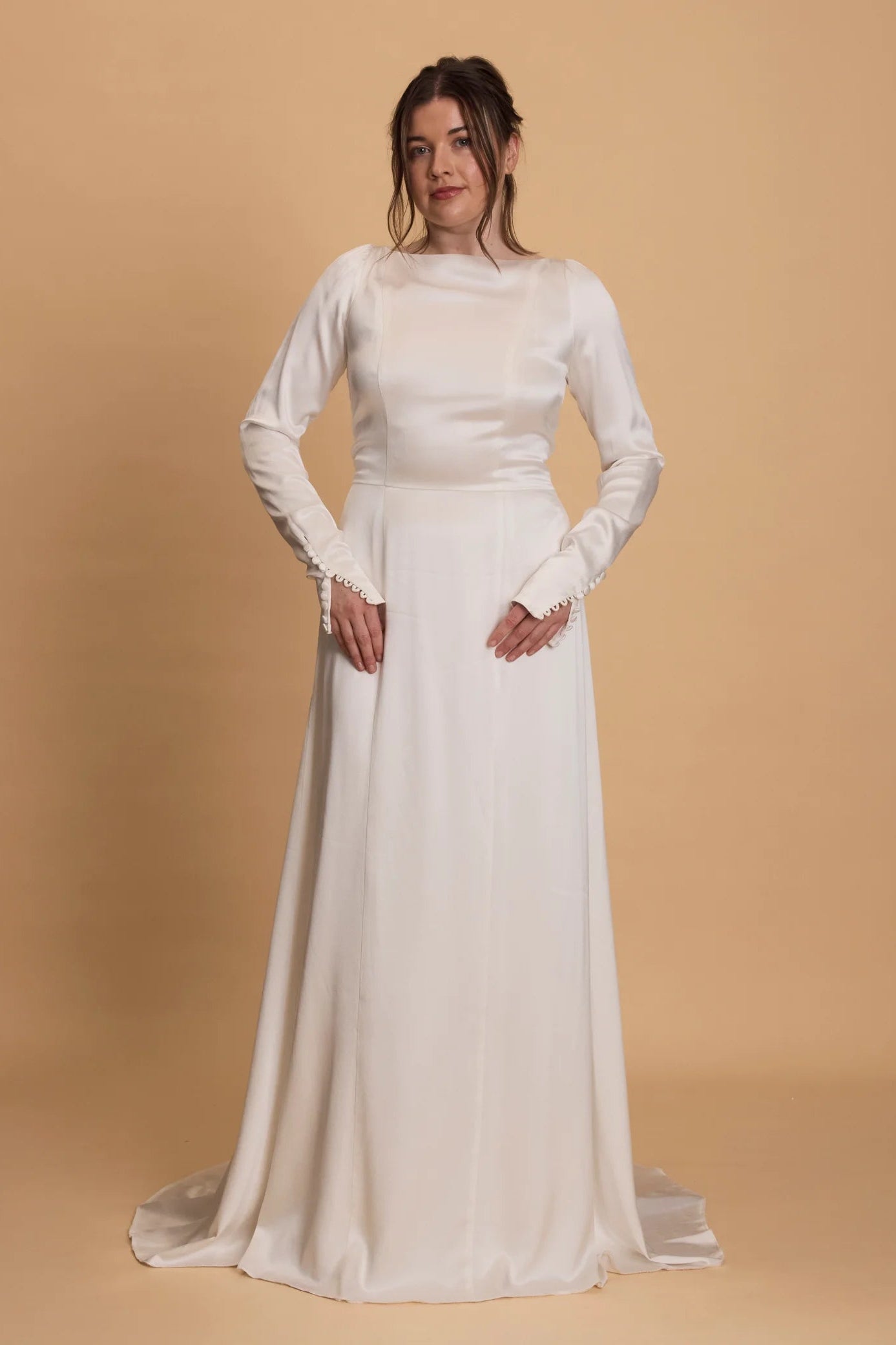 The Own Studio style 038, long sleeved white satin wedding gown, bridal