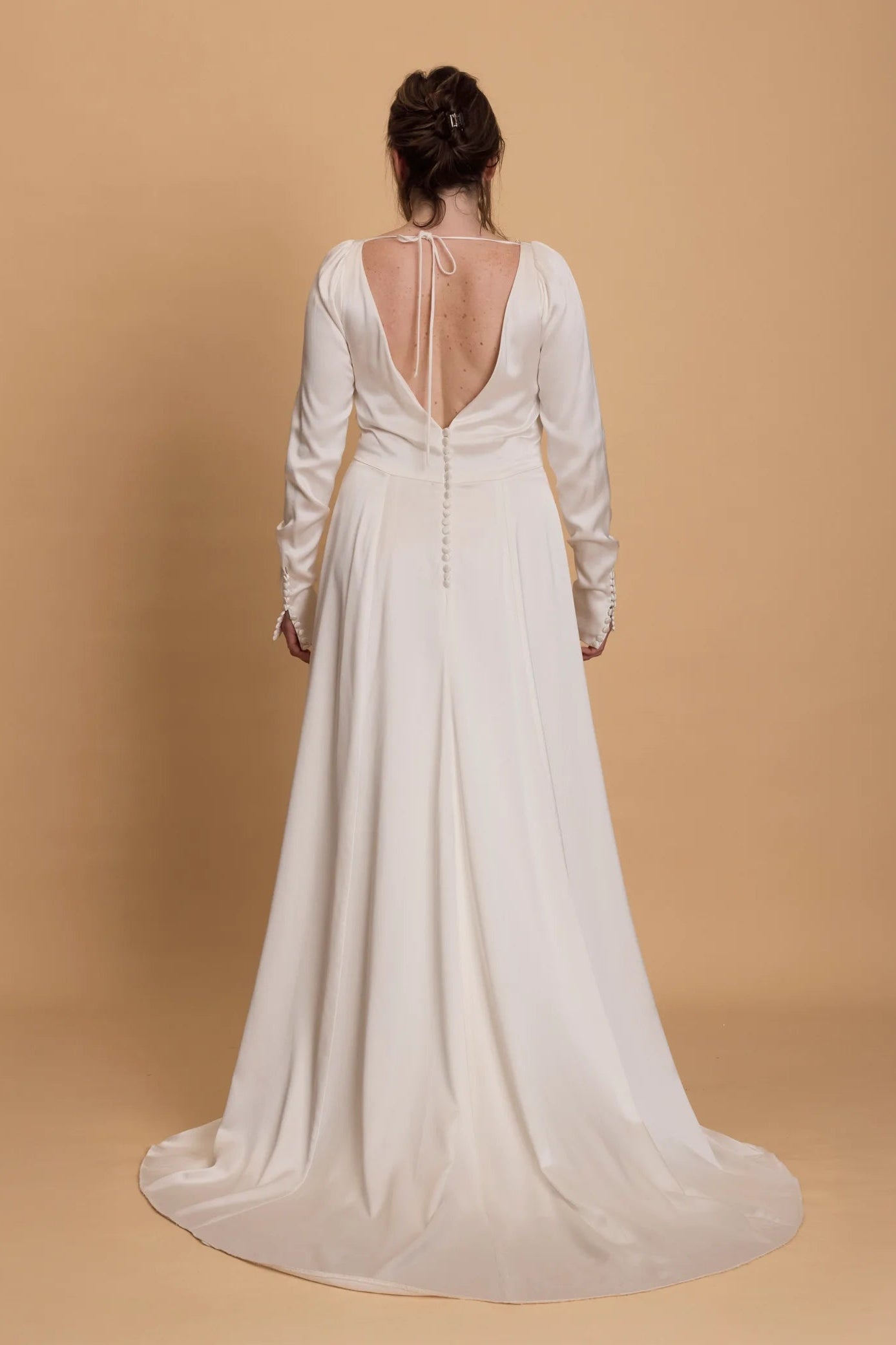 The Own Studio style 038, long sleeved white satin wedding gown, bridal, tie at the back