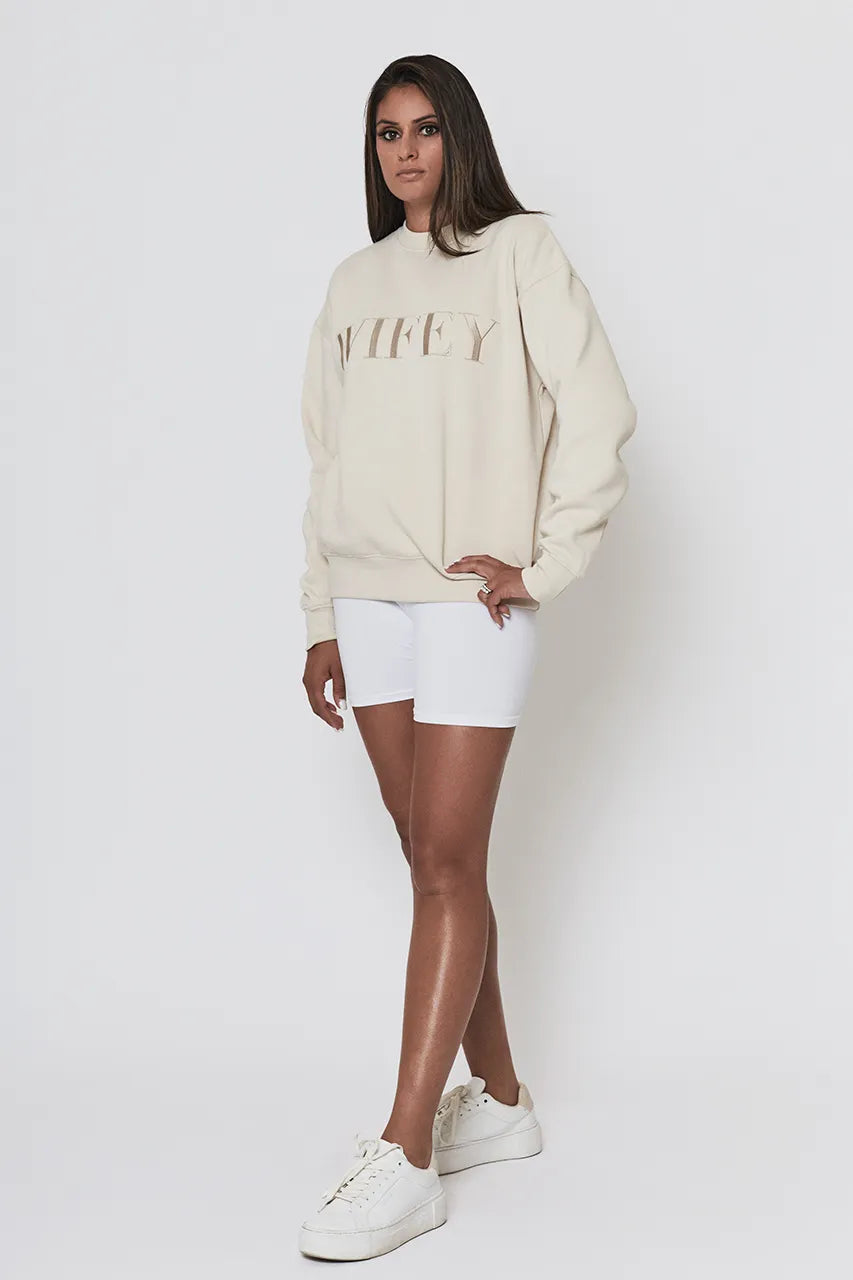 Six Stories Wifey Beige Sweatshirt Honeymoon Wedding Bride