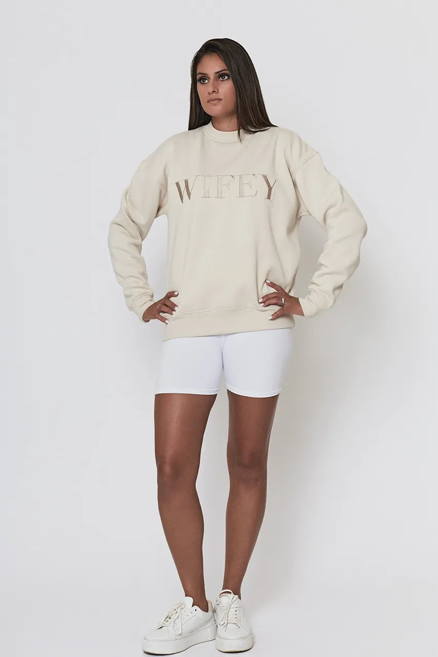Six Stories Wifey Beige Sweatshirt Honeymoon Wedding Bride