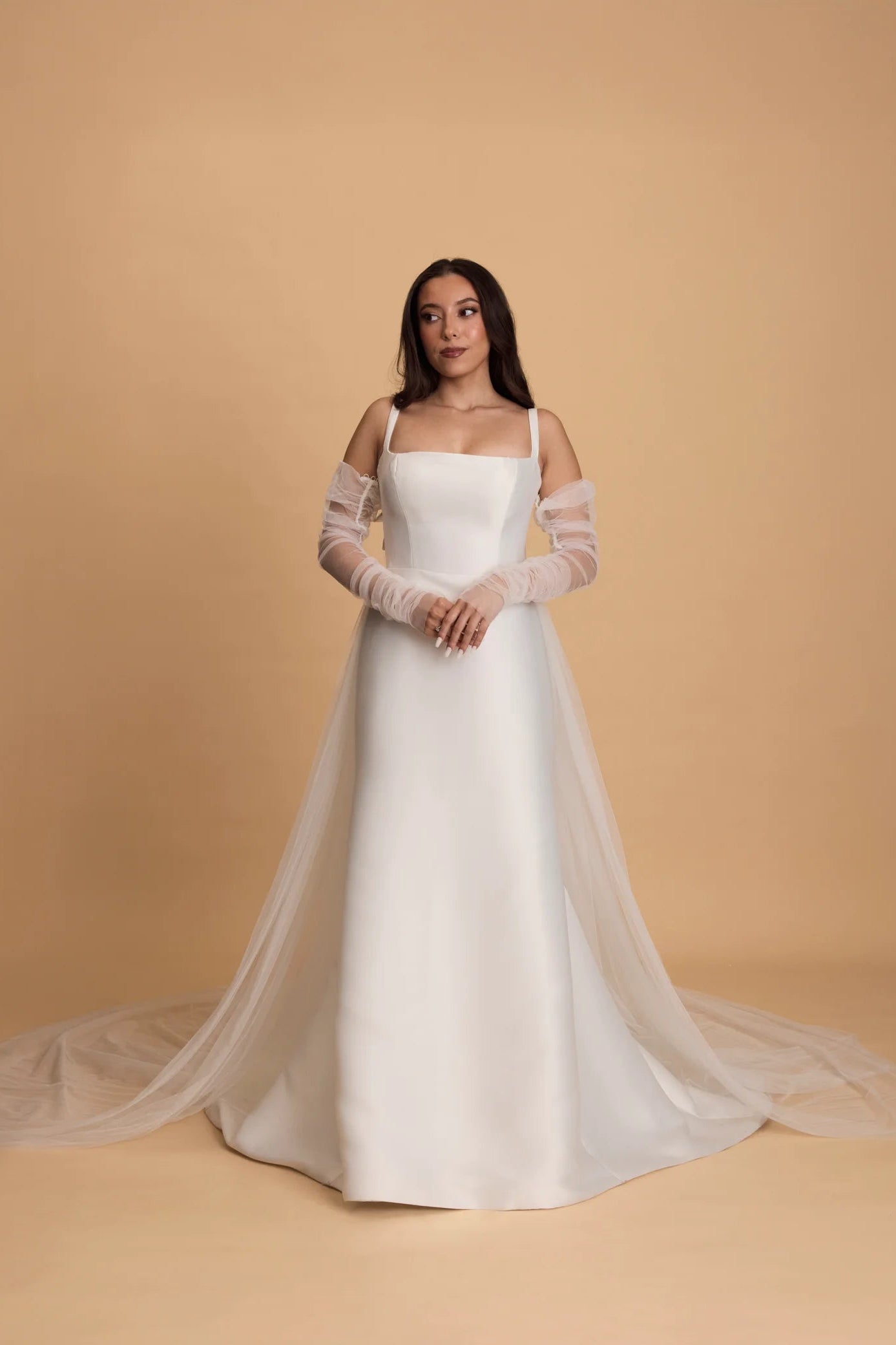 chosen by kyha arta thick satin white wedding gown, bridal square neck line, wedding, tulle sleeves, tulle overskirt