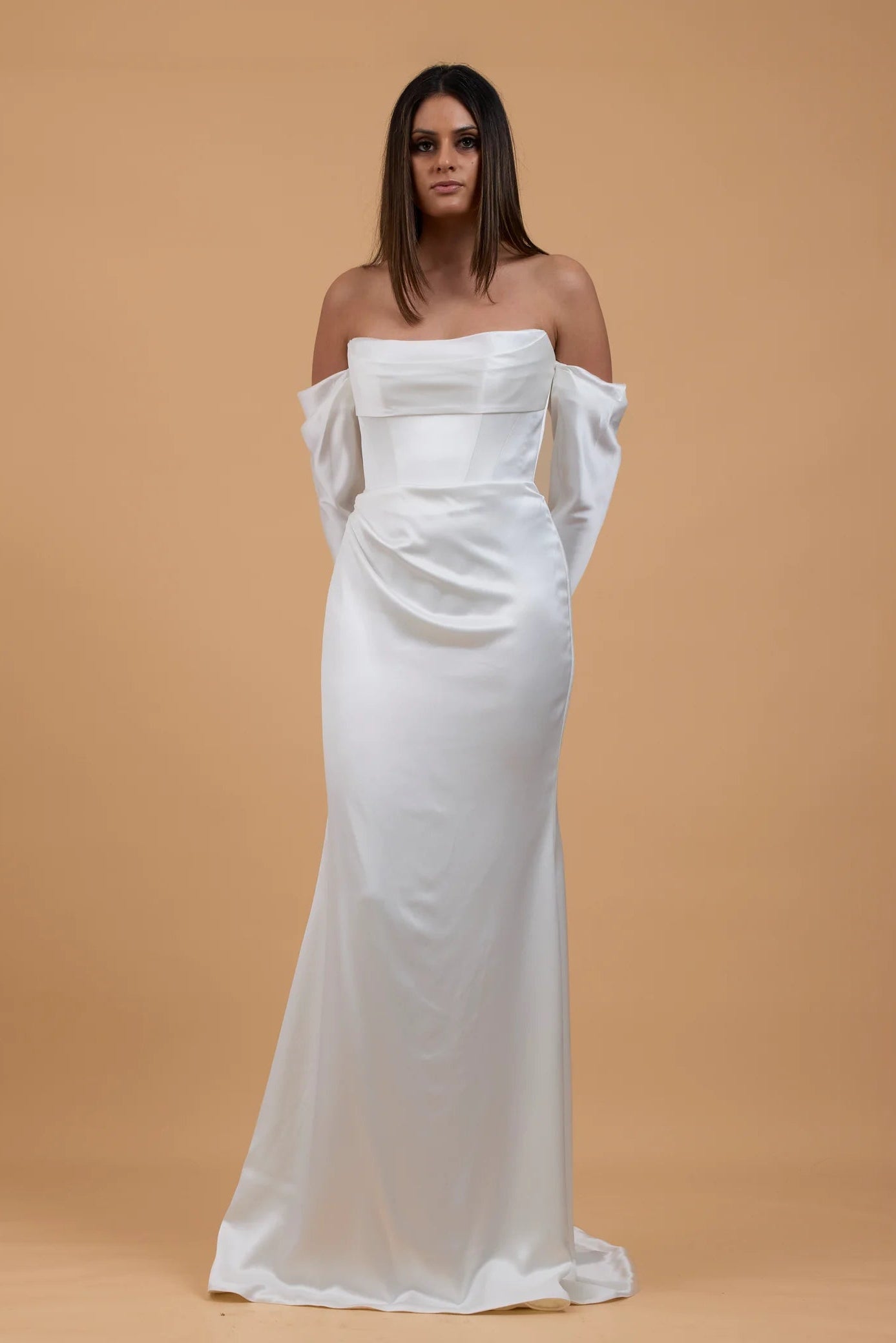 kyha salacea wedding gown, with long sleeves, ivory, satin, corset, pre-loved wedding gown, second-hand wedding gown, sample sale wedding gown