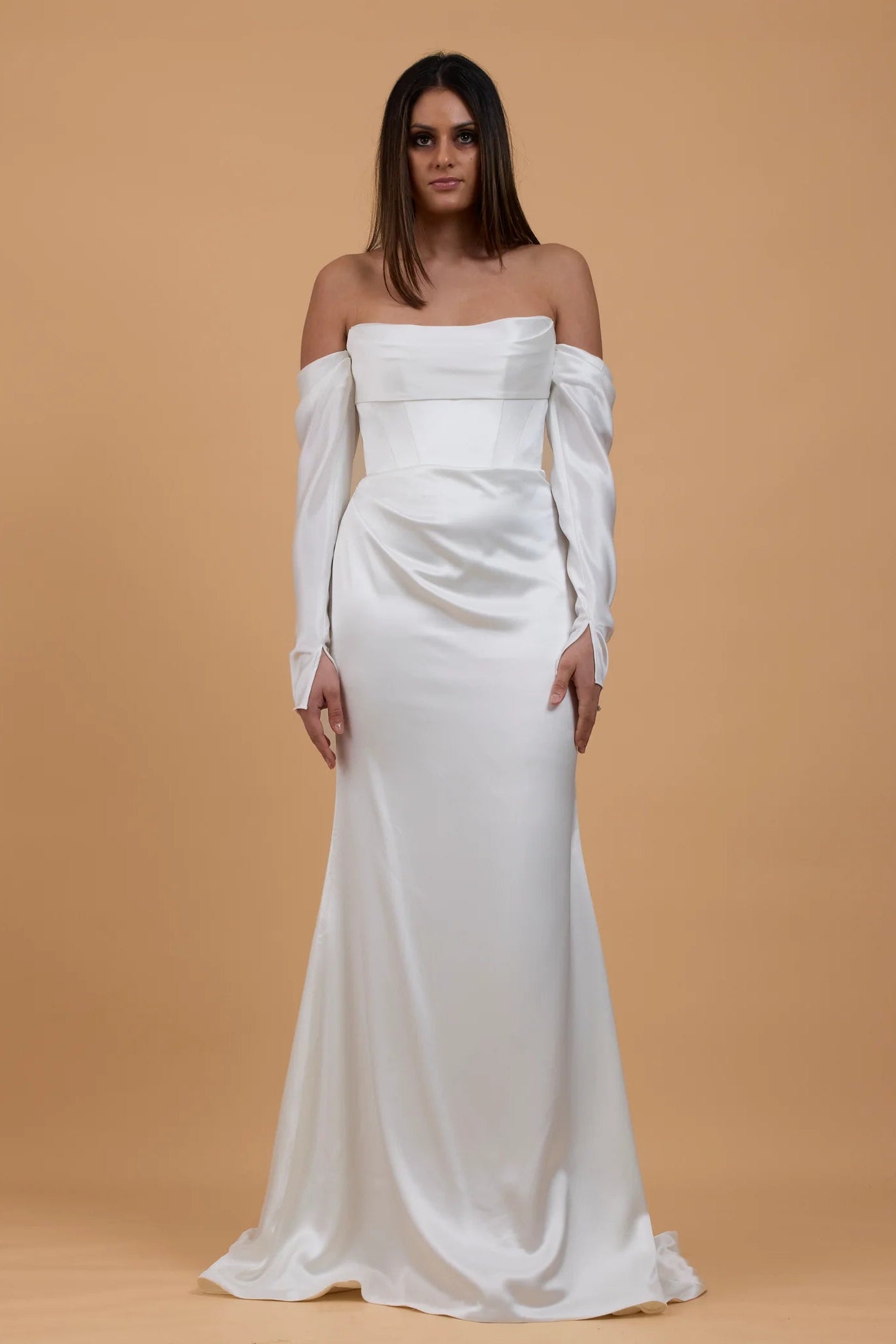 kyha salacea wedding gown, with long sleeves, ivory, satin, corset, pre-loved wedding gown, second-hand wedding gown, sample sale wedding gown