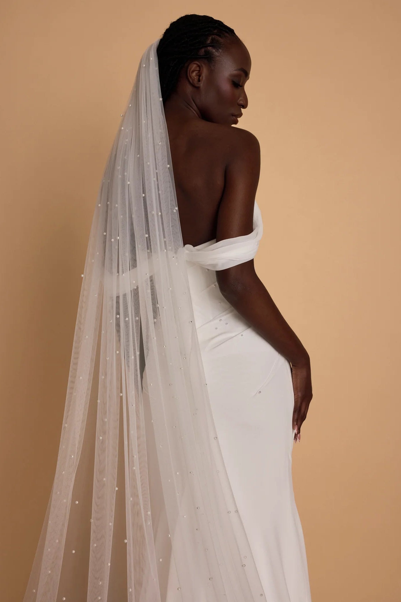 white pearl cathedral length single tier veil