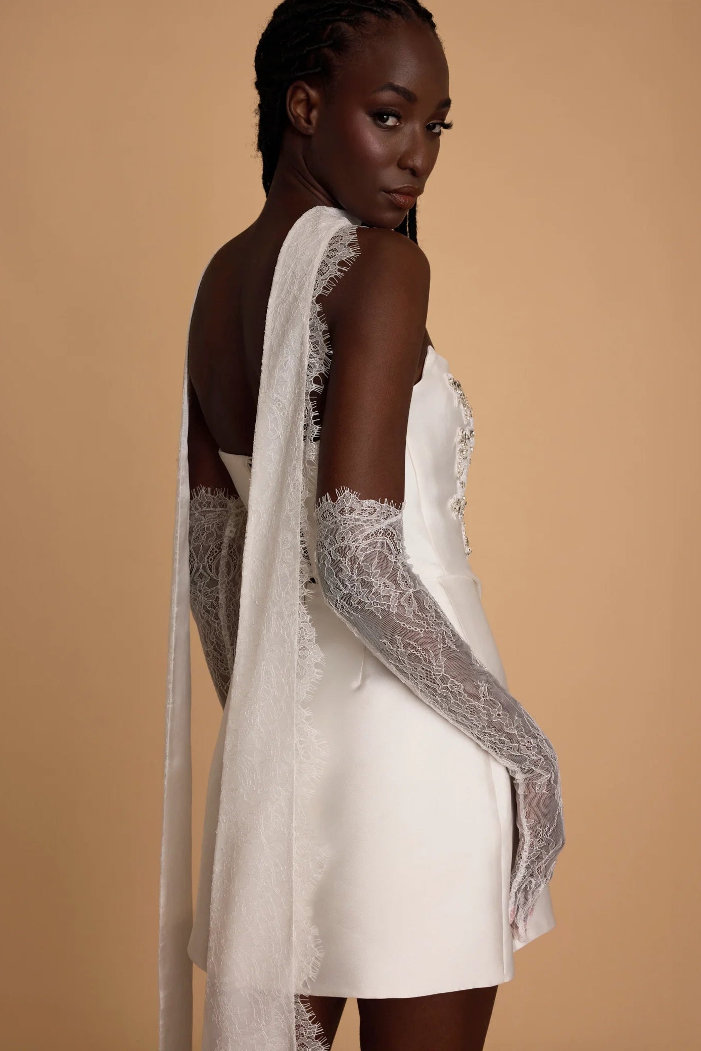 rosie etienne everly white two piece corset dress with lace gloves and lace neck scarf second look hen party