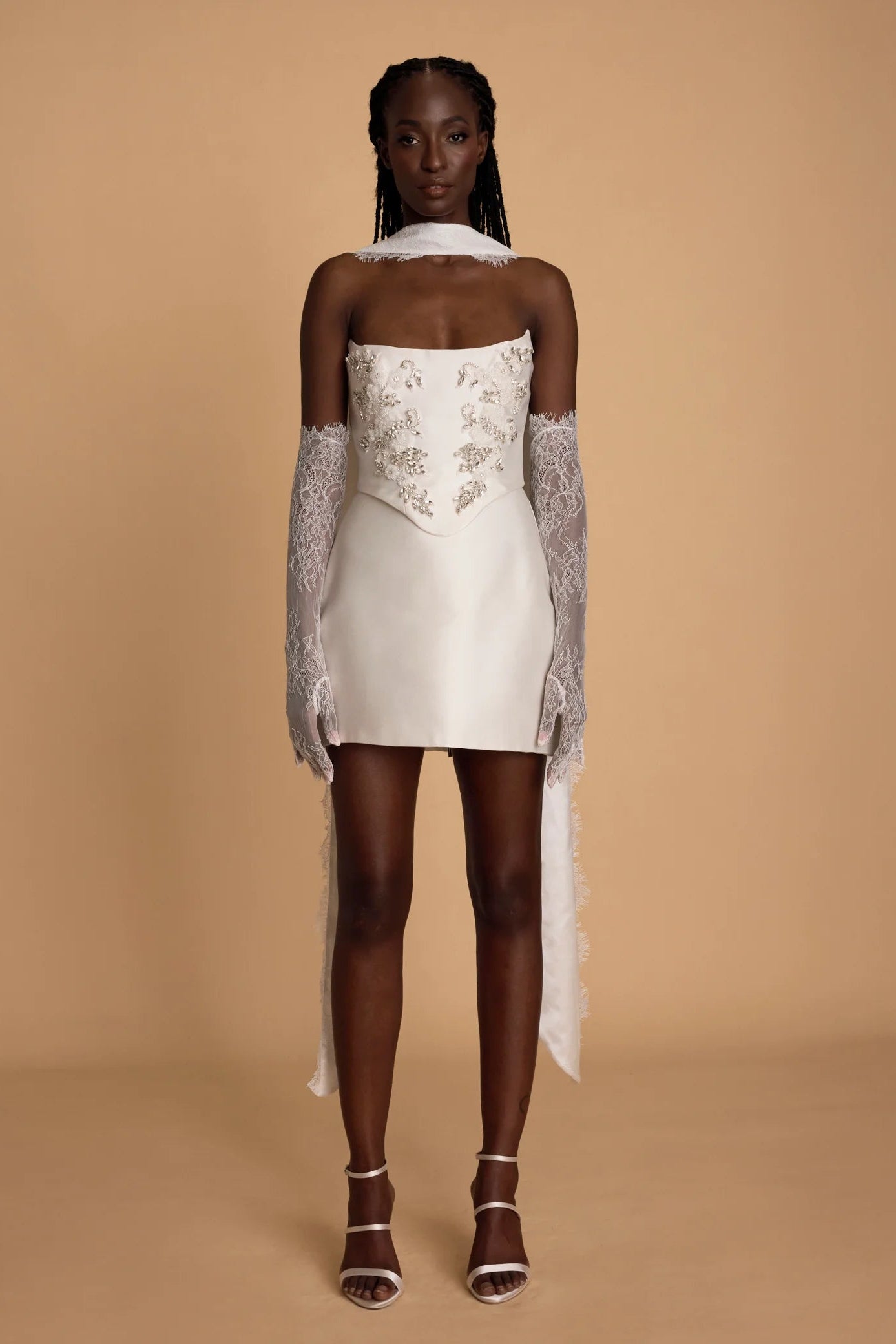 rosie etienne everly white two piece corset dress with lace gloves and lace neck scarf second look hen party